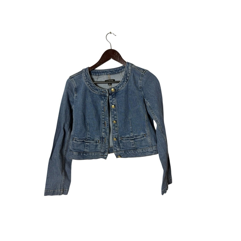 J.Crew Louisa Lady Round Gold Button Up Cropped Jacket Denim Blue Women‎ Sz 4
